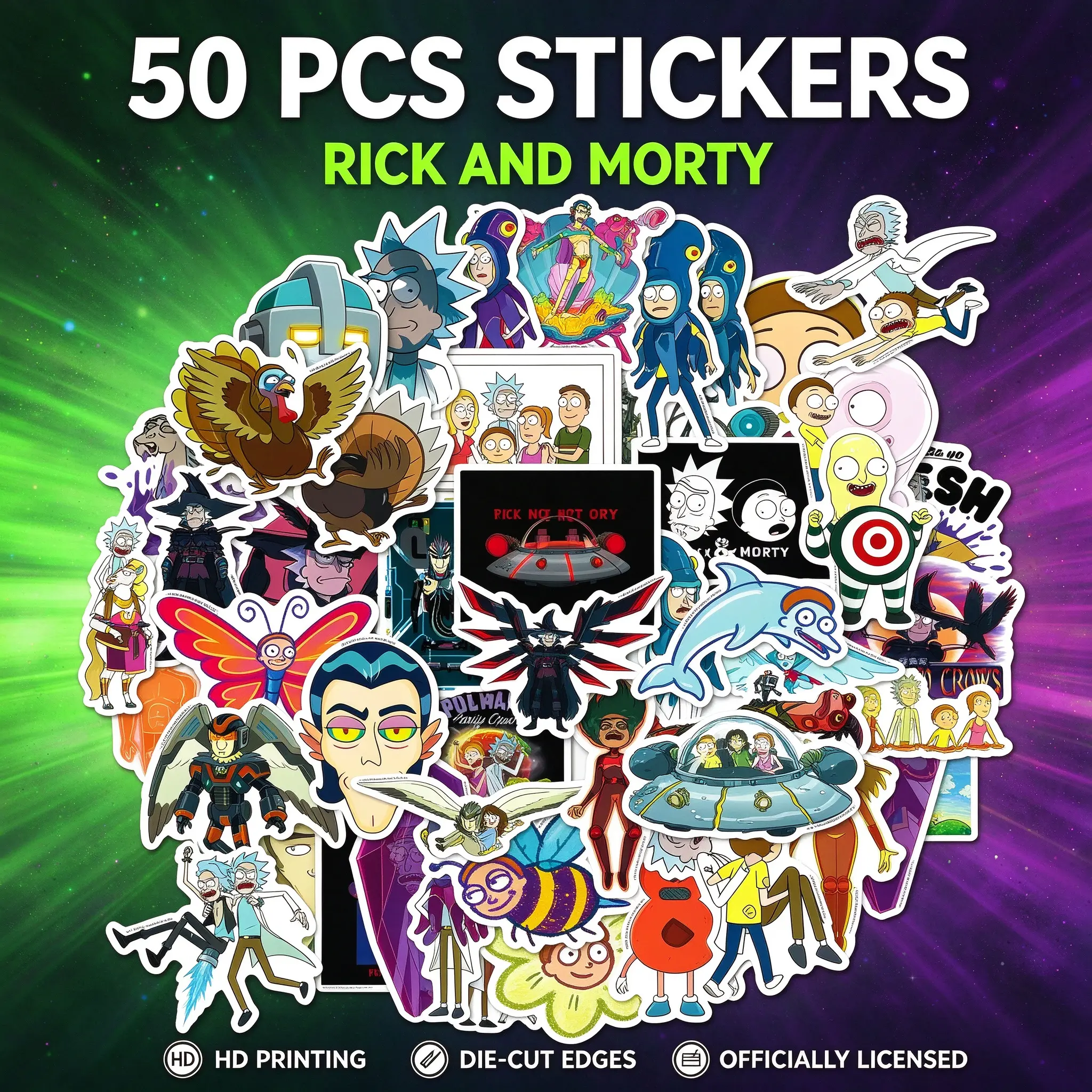 Rick and Morty 50 PCS Stickers HD Printing Die-Cut Edges Officially Licensed Cartoon Characters Decorative Stickers