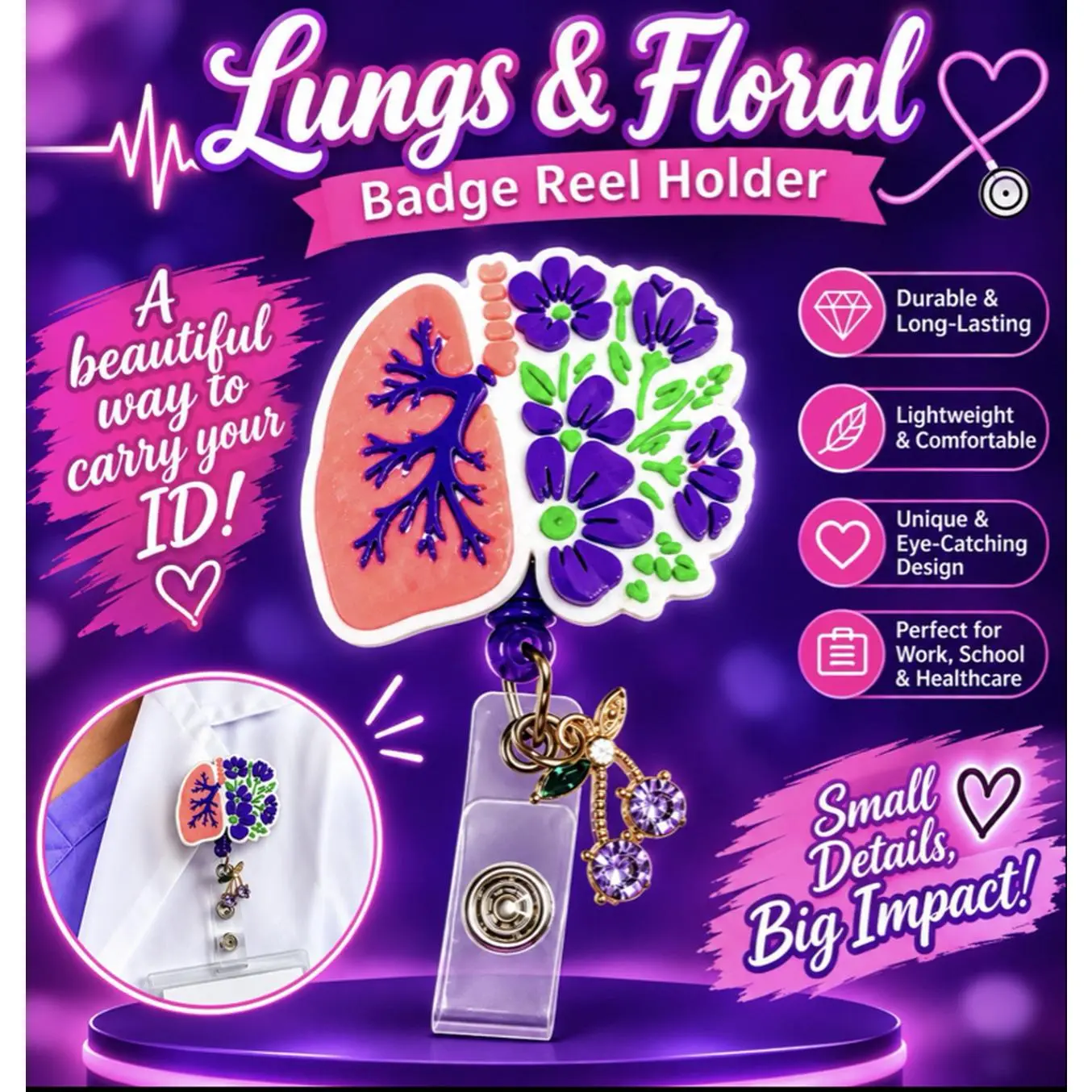 Lungs & Floral Badge Reel Holder - Durable Long Lasting Lightweight Comfortable Unique Eye Catching Design Perfect for Work School Healthcare