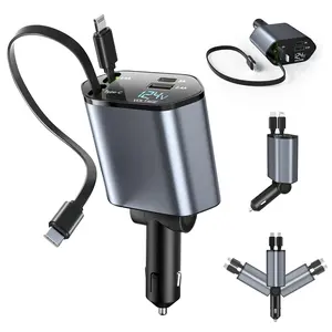 4-in-1 Retractable Car Charger, USB-C Adapter with Lightning Cable & Dual Ports for iPhone, iPad, AirPods, Samsung, Google Pixel