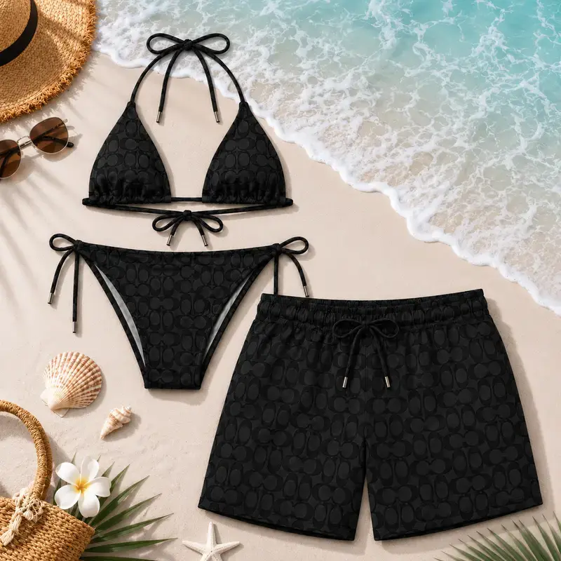 CO-Black Couple Swimsuit Set – Minimalist Letter Print Bikini & Swim Trunks, Modern Beachwear Vacation Outfit Gift for Him & Her