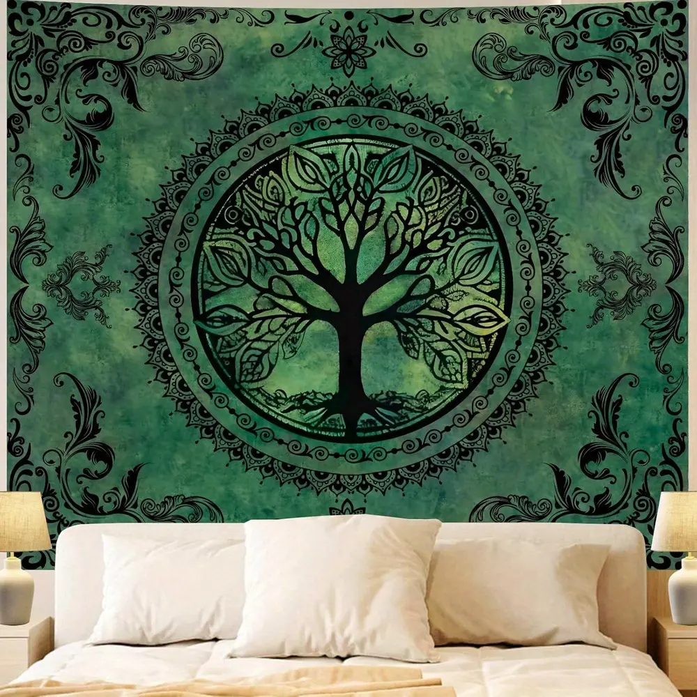 Green Nature Tapestry for Bedroom Aesthetic, Hippie Ceiling Tree of Life Decor Tapestries Wall Hanging, Boho Bohemian Mandala Art Backdrop for Dorm Living Room