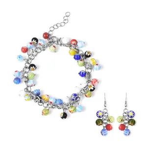 Murano Style Millefiori Glass Earrings Bracelet Set Stainless Steel Jewelry for Women Birthday Christmas Gifts for Women Adjustable