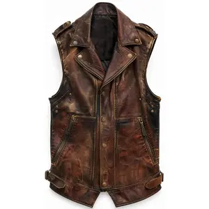 Men's Amell Vintage Distressed Brown Leather Motorcycle Concealed Carry Biker Vest