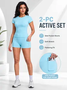 Women's Sporty Sports Set, Workout Set, Short Sleeve Top & Shorts, Quick Dry Fitness Wear, Yoga Training, Daily Running, Outdoor Activities, Sporty Crew Neck