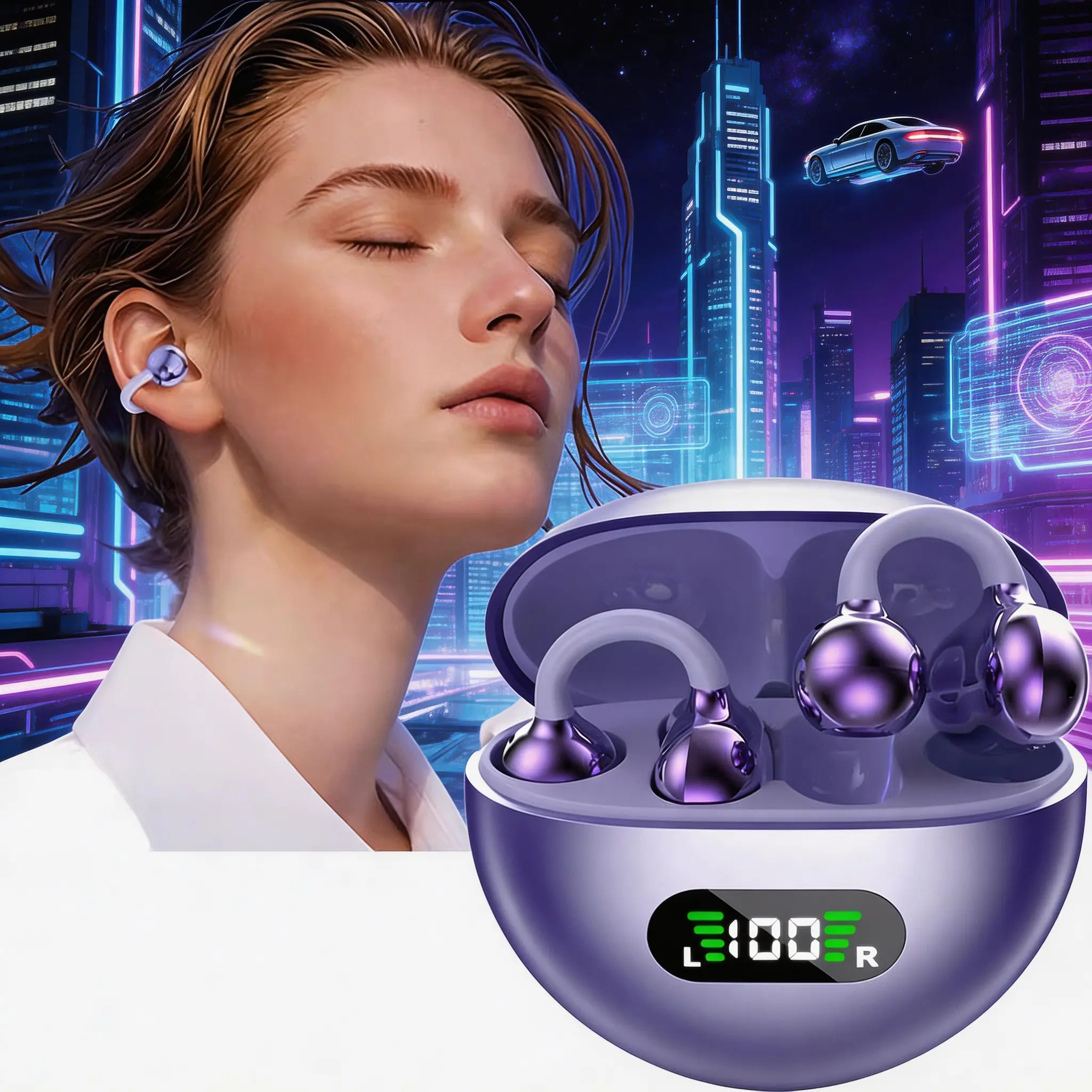 Purple-Black Clip Hook Electronic Fitness Wireless Earbuds, USB Rechargeable Bluetooth Hearing Protection Open-Ear Headphones for Running, Cycling (Not Water Resistant)