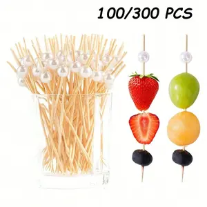 100/300pcs 4.7 Inch Appetizer Toothpicks, Pearl Bamboo Sticks, Ideal for Fruits, Cupcakes, Deli Foods, Party Decorations