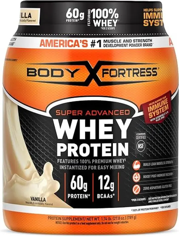 Body Fortress Super Advanced Whey Protein Powder, Gluten Free, Vanilla, Immune Support (1), Vitamins C & D Plus Zinc, 1.74 lbs Fitness Fitness