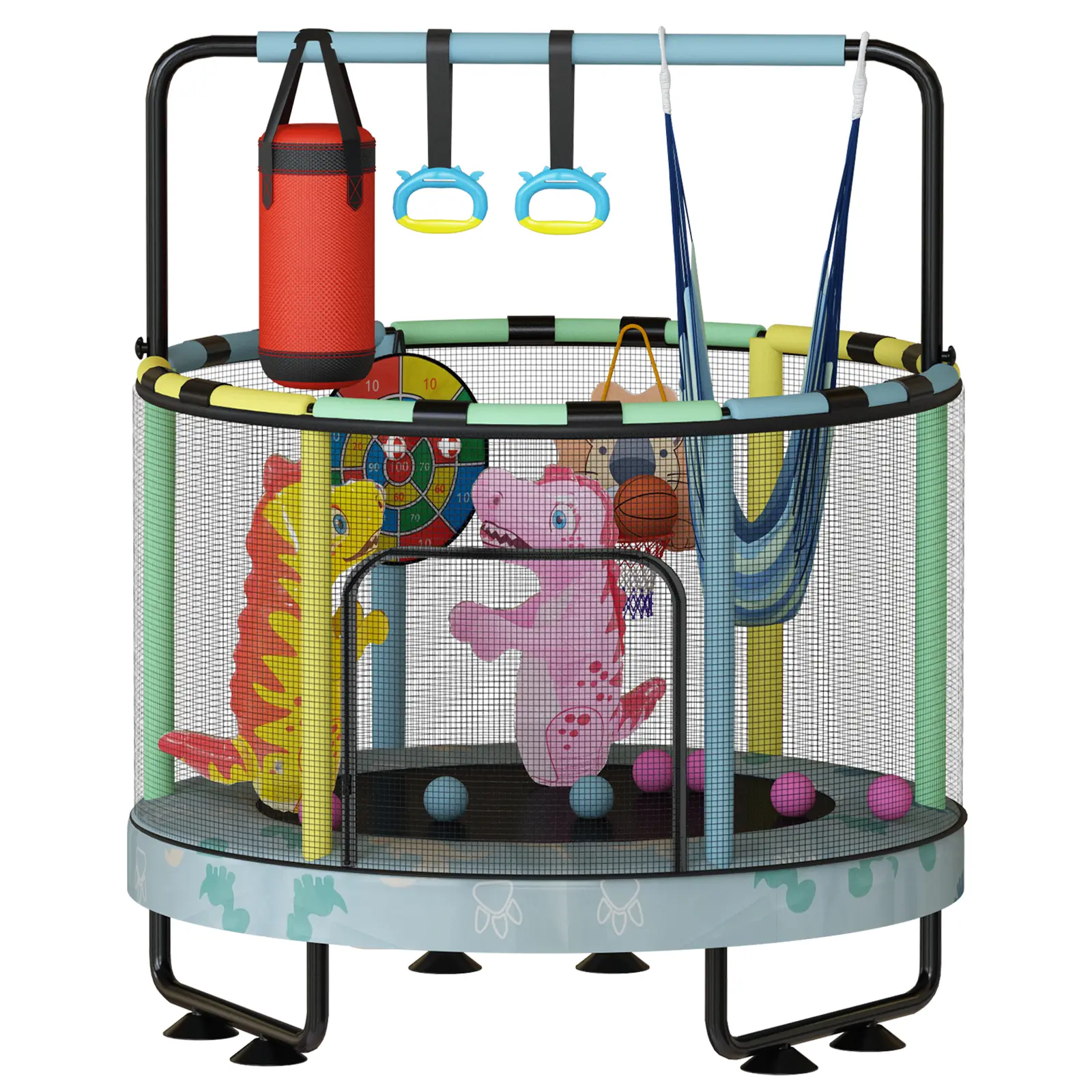 Lamerge Mini Round Trampoline for Kids 7-in-1 Toys Indoor Outdoor with Basketball Hoop Swing Hanging Rings Ocean Balls Sandbag Dartboard Inflatable Trampoline Gift for Boys Girls Multifunctional Safety Standards