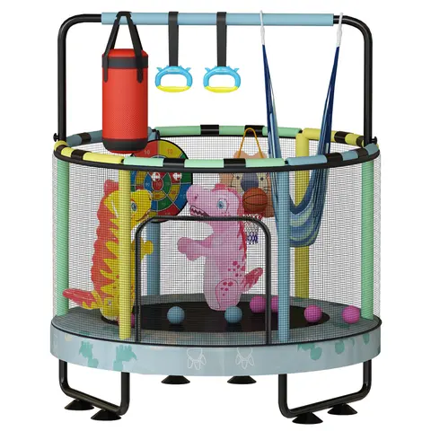 Lamerge Vibrant Mini Round Toddler Trampoline - 7-in-1 Kids Toy with 2 Dino Climbers, Basketball Hoop, Swing, Hanging Rings, 6 Ocean Balls, Sandbag, Dartboard, Inflatable Design, Sturdy Frame, Safety-Certified for Outdoor Play & Dino Bounce Fun, Kids Gift