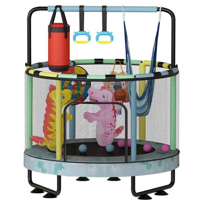 Lamerge Vibrant Mini Round Toddler Trampoline - 7-in-1 Kids Toy with 2 Dino Climbers, Basketball Hoop, Swing, Hanging Rings, 6 Ocean Balls, Sandbag, Dartboard, Inflatable Design, Sturdy Frame, Safety-Certified for Outdoor Play & Dino Bounce Fun, Kids Gift