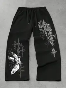 Men's Casual Sport Pants, Angel Thorn Pattern Print, Drawstring Wide Leg, Loose-Fitting, All Seasons, Men's Fashion Long Pants, Athleisure Style, Tracksuit Bottoms