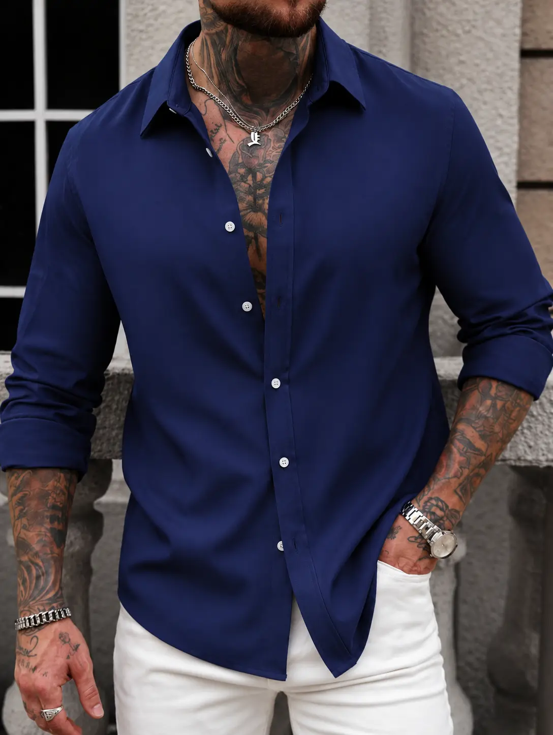 Men's Classic Solid Plain Long-Sleeve Button-Down Shirt - Soft Polyester Fabric, Casual-Business Wear, Spandex, Men's Wear, Smooth, Menswear, Business/Casual, Cuffed Sleeves