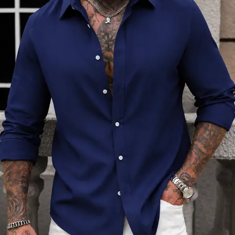 Men's Classic Minimalist Plain Long-Sleeve Button-Front Business Casual Top - Soft Polyester-Spandex Blend Fabric, Cuffed Sleeves, Curved Design, Navy, XL, Flexible for Mens Casual Style Daily Wear