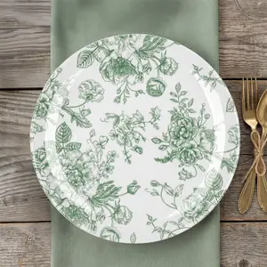 10-Pack French Toile Plastic Dinner Plates – Sage Green & White Floral, 10" Round Disposable Party Plates