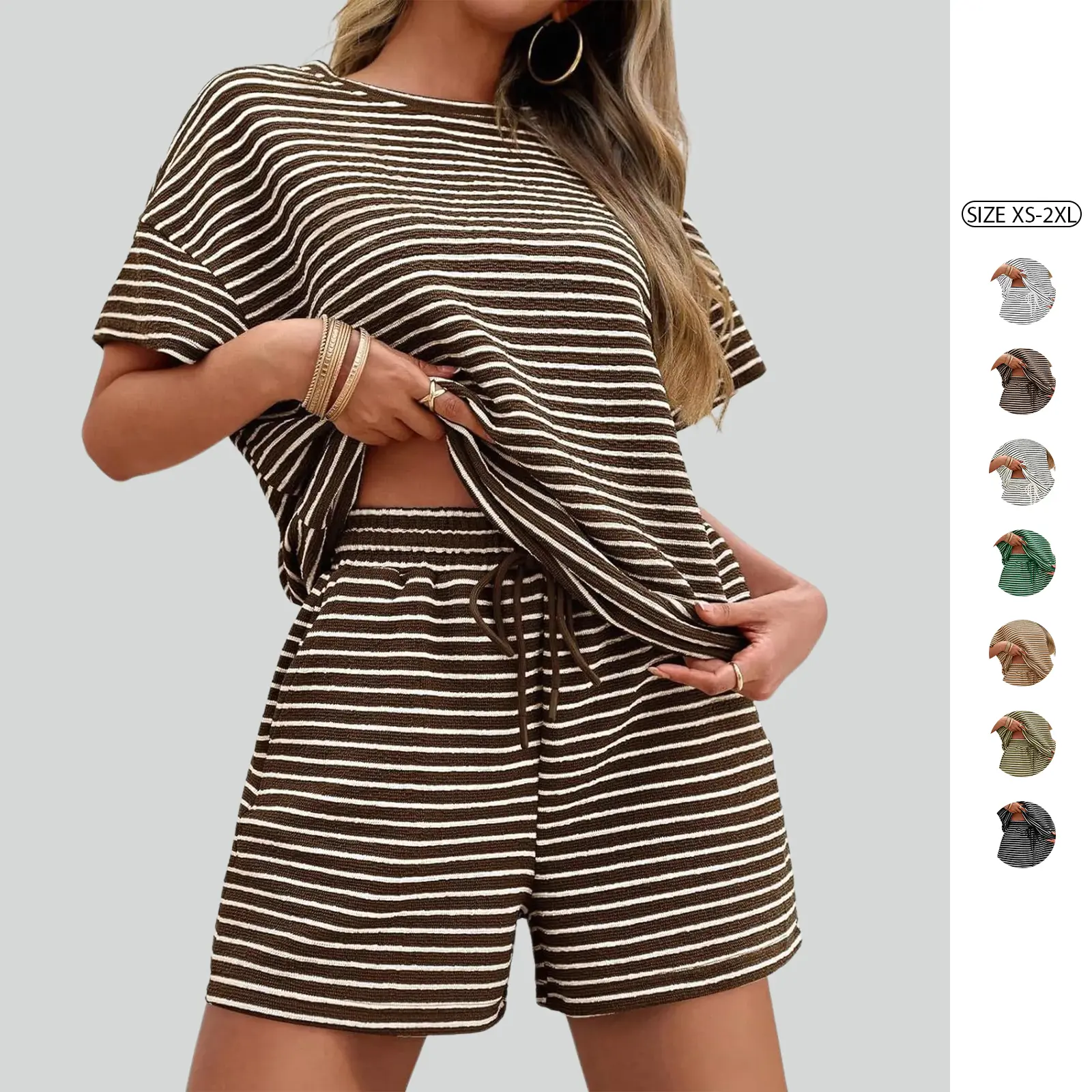 Imily Bela Womens Lounge Sets 2 Piece Pajamas Striped Short Sleeve T Shirts Drawstring Shorts Matching Set