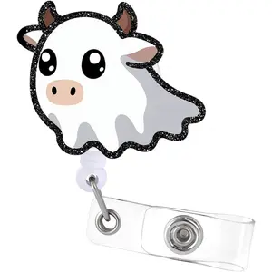 Cow Ghost Badge Reel, Retractable Halloween ID Holder, Ghoul Name Tag Clip