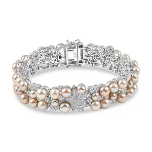 Freshwater Pearl and White Zircon 10.50 ctw Bracelet in Rhodium Over Sterling Silver 7.25 In Christmas Gifts