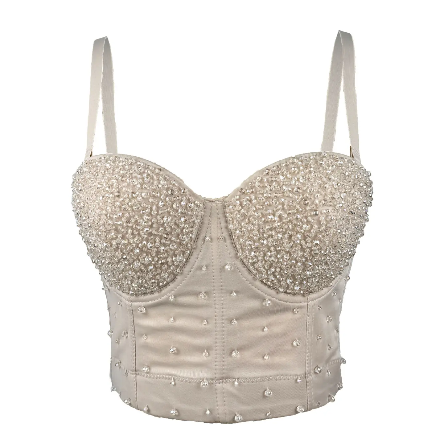 Women's Fitted Crystal Bustier Crop Top - Sleeveless Sexy Short Rhinestone Camisole with Fishbone Boning for Evening Parties