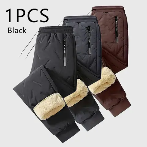 Men's Solid Thick Plush Fleece-Lined Winter Long Joggers - Black Casual Sweatpants, Fitted Cut, Heat-Retaining Core, Zipper Pockets, Machine Washable, Outdoor Hiking, Extreme Cold Weather