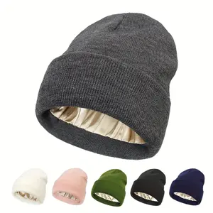 Unisex Soft Satin Lined Beanie Winter Warm Solid Color Cold Proof Skull Cap Thick Elastic Knit Hats Warm Lightweight Cuffed Beanies for Women Men
