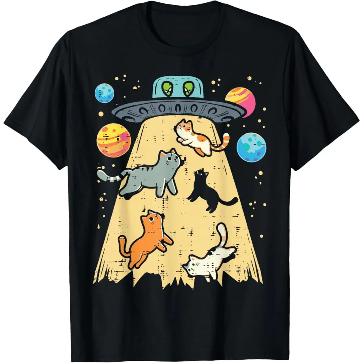 100% Premium Cotton graphic tees Alien Abduction Cats UFO Flying Saucer Space Women Girls Kid T-Shirt
