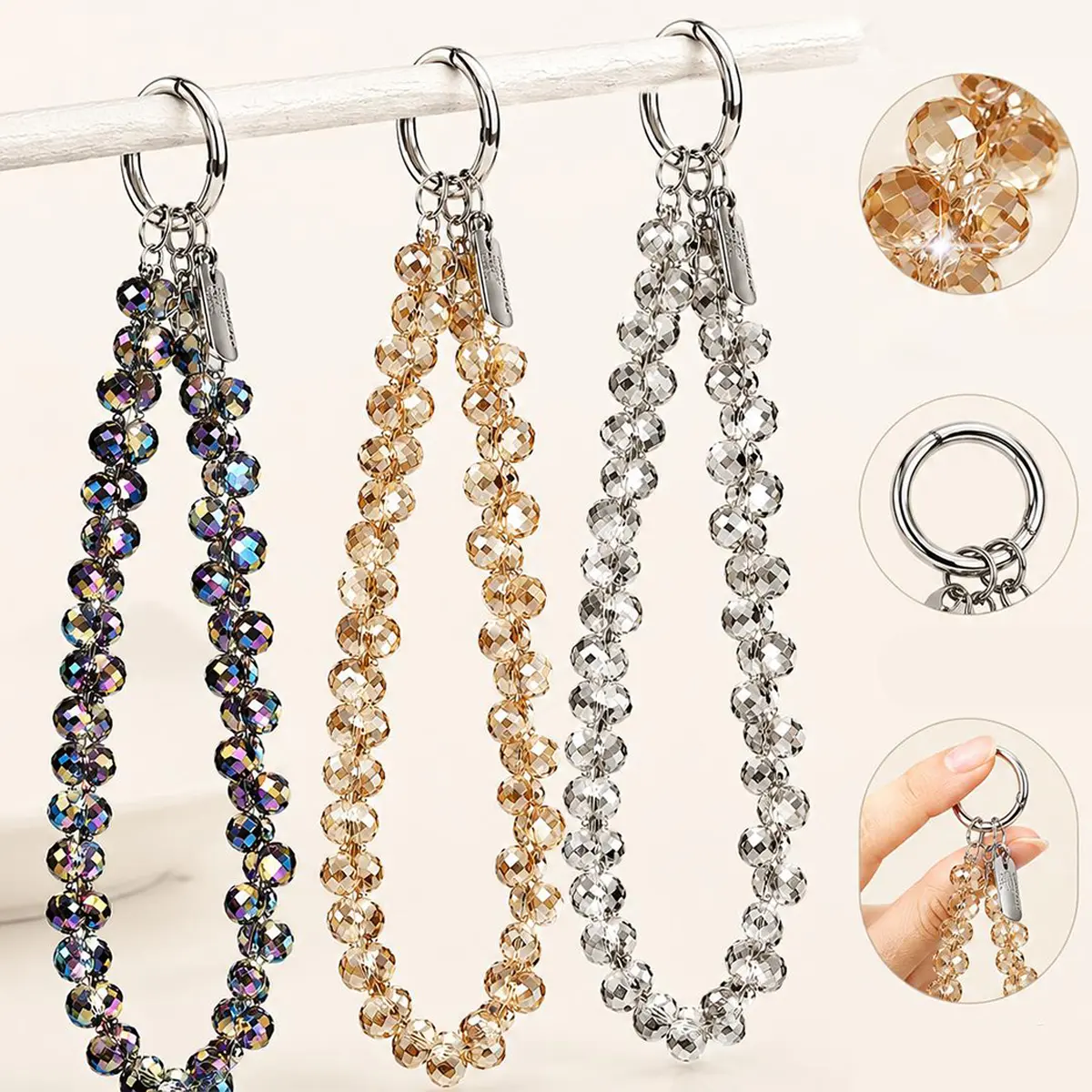 Shiny Rhinestone Decor Phone Lanyard 3Pcs, Durable ABS Strap with Detachable Metal Ring, Ideal for Commuter Dating Party Outfits