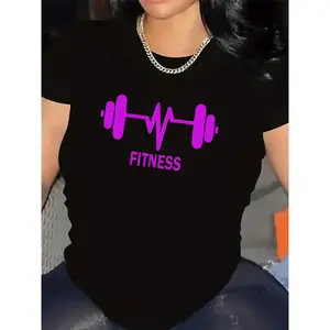 Retro Fitness T-Shirt with Dumbbell Graphic Print - Lightweight Crew Neck Workout Shirt Suitable for Gym, Home Exercise & Casual Wear, Medium Stretch Fabric, Machine Washable, Durable for Year-Round Training & Lifestyle Design