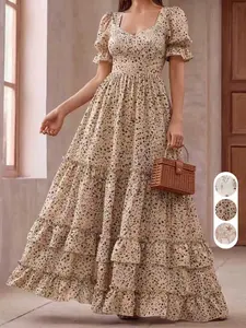 Summer Women's French Ditsy Floral Dress, Casual Wear, Square Neck Bubble Sleeve, Multi-Layer Ruffle Long Dress, Beach Vacation, Picnic, Travel