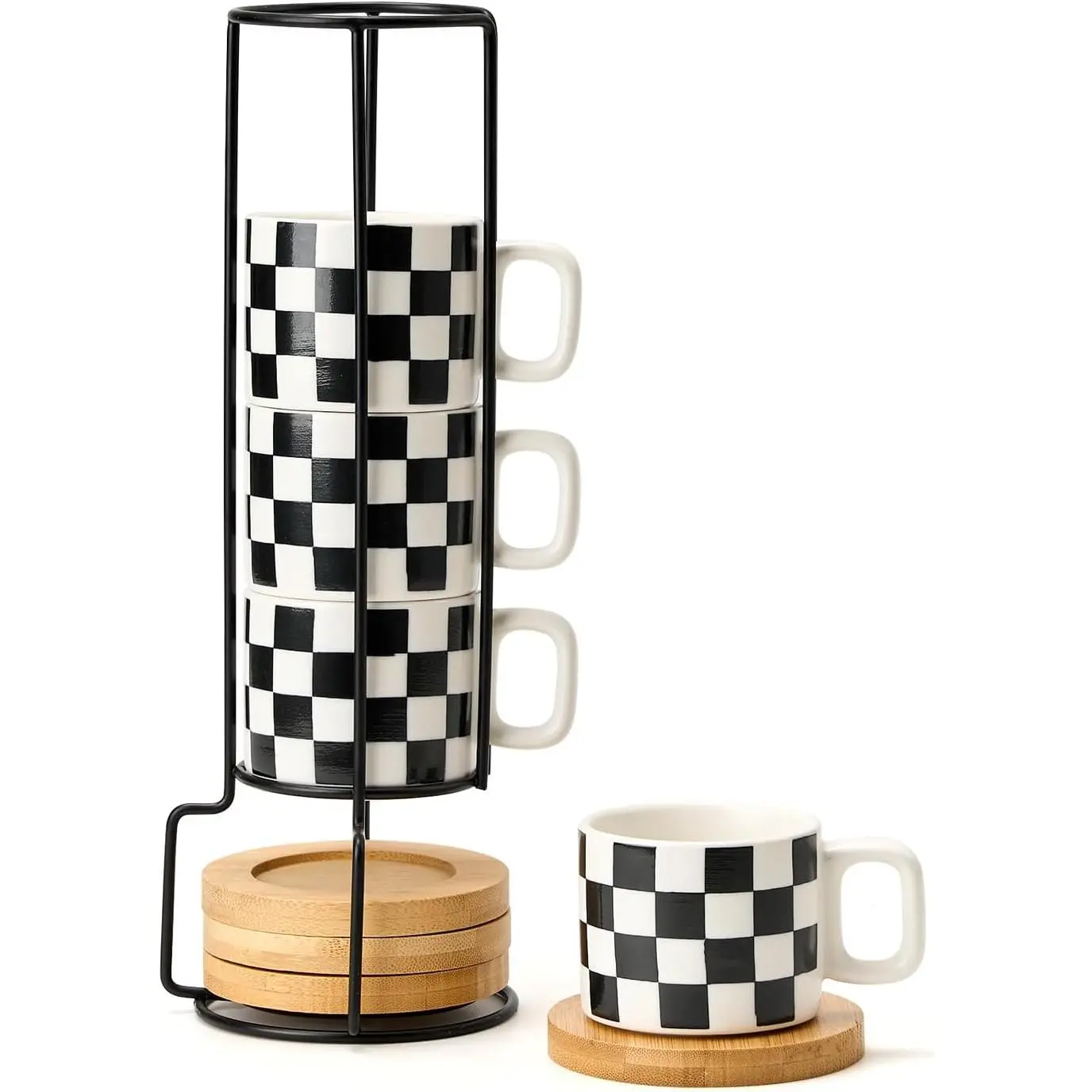 4 oz Stackable Black and White Plaid Porcelain Espresso Mugs with Saucers, Metal Stand - Ceramic Beverage Cup Set of 4, White Interior, Demitasse Cups for Coffee, Party, Wedding
