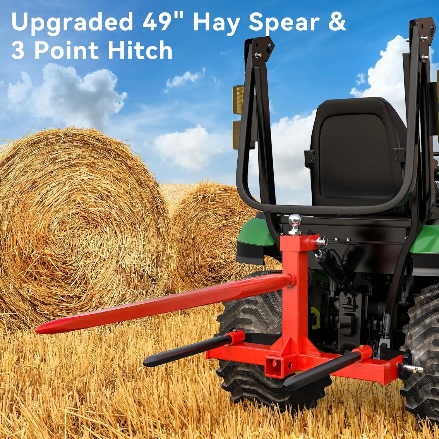 YINTATECH 3 Point Trailer Hitch with 2 Inch Receiver, 49" Hay Bale Spear & 2 Stabilizer Spears with Trailer Gooseneck Ball Drawbar for Category 1 Tractor, 3000 lbs Capacity