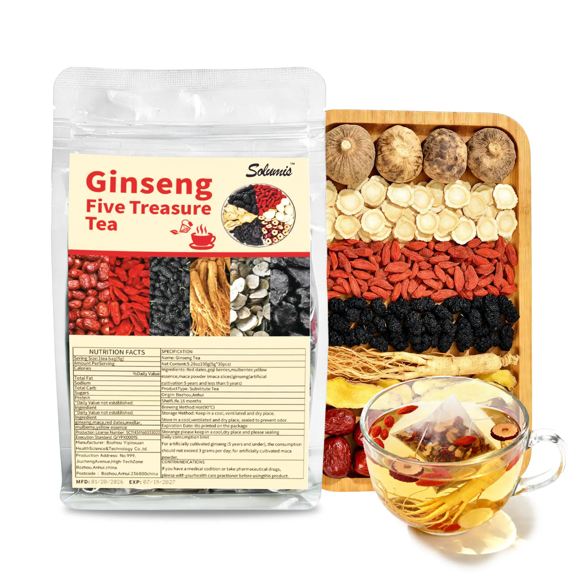 Premium Ginseng 5-Treasure Herbal Tea Set, Low Fat Natural Antioxidant Herbal Beverage - Kidney Health Tea Blend with Red Dates, Goji Berries for Men's Daily Energy & Vitality,summerwins