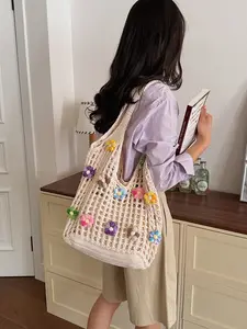 2026 Summer New Colorful Flower Mesh Woven Tote Bag, Five Colors Available, Breathable Large Capacity Shoulder Bag, Spring Summer Vacation Commute Straw Bag