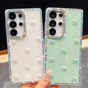 Glitter Bling 3D Pink Bow Bead Protective Phone Case For Samsung S24 S25 FE S25 Plus S23 Ultra A17 A07 A16 A26 A36 A56 A15 A35 A55 5G Cover Casing
