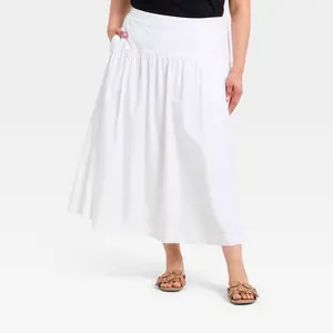 Women's Resort Poplin Drop Waist Midi Skirt - A New Day White 3X