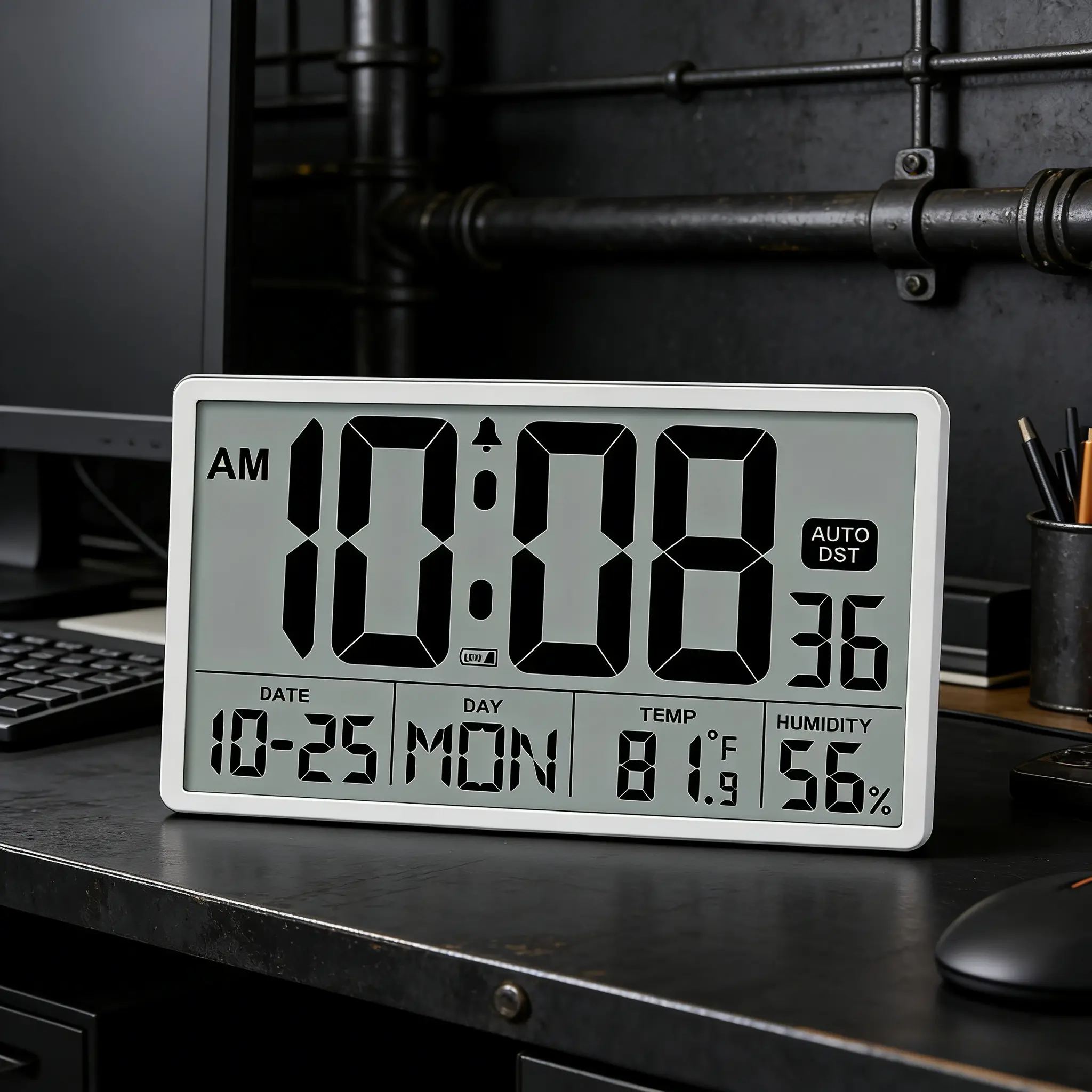 8-Inch Modern Plastic Weatherproof Digital Wall Clock Decor, Big Bold Jumbo Numbers, Real-Time Temperature, Date, Auto DST, Long-Lasting Battery-Operated Durable Square Clock for Patio, Indoor Use (Black/White), Digital Clock Decor