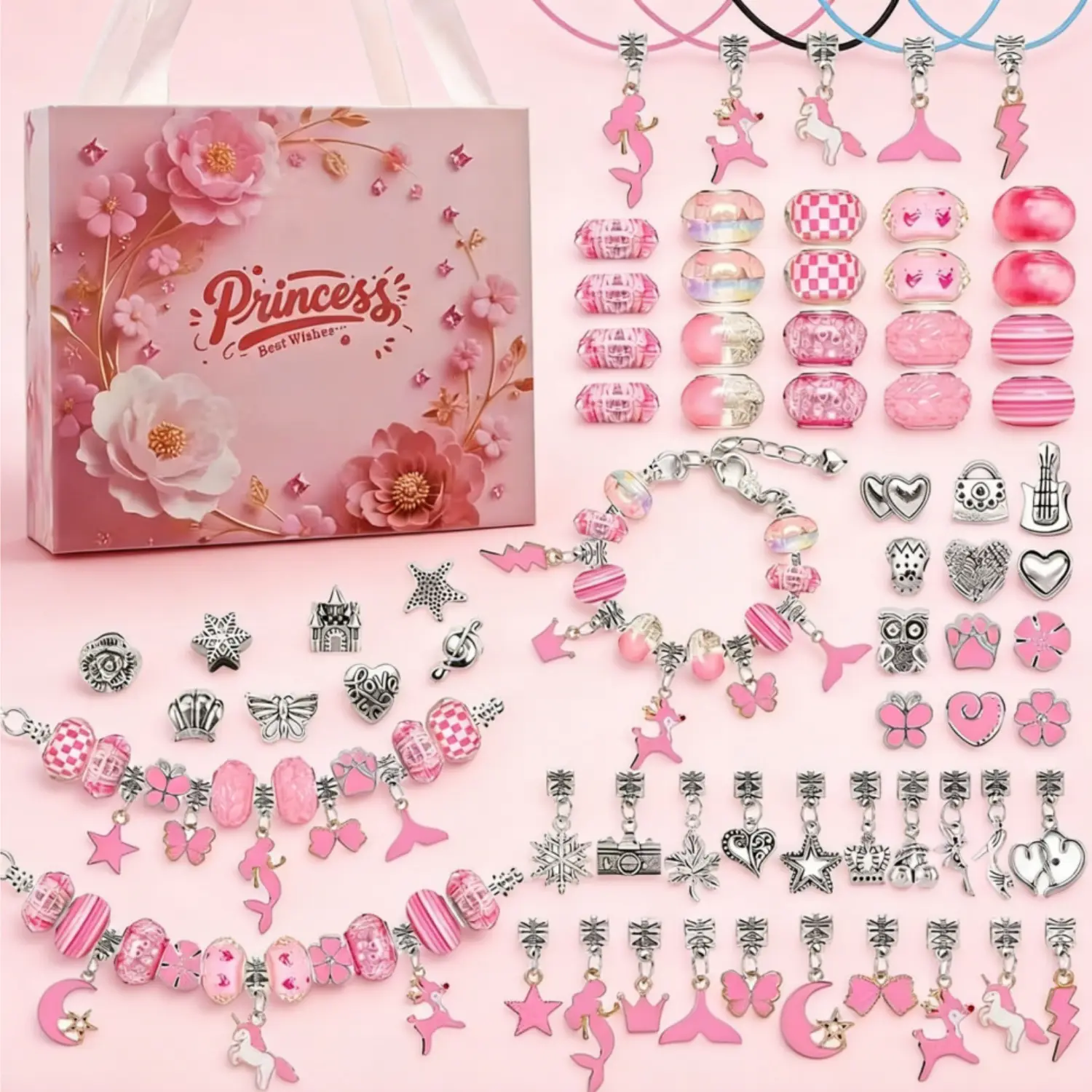 2026New DIY Jewelry Making Kit for Girls 67Pcs Princess Themed Charm Bracelet Supplies with Mermaid Unicorn Beads Adjustable Special Bracelet & Necklace Colorful Jewelry Making Kit Set Special Girl Gifts for Birthday New-Year and Special Holiday