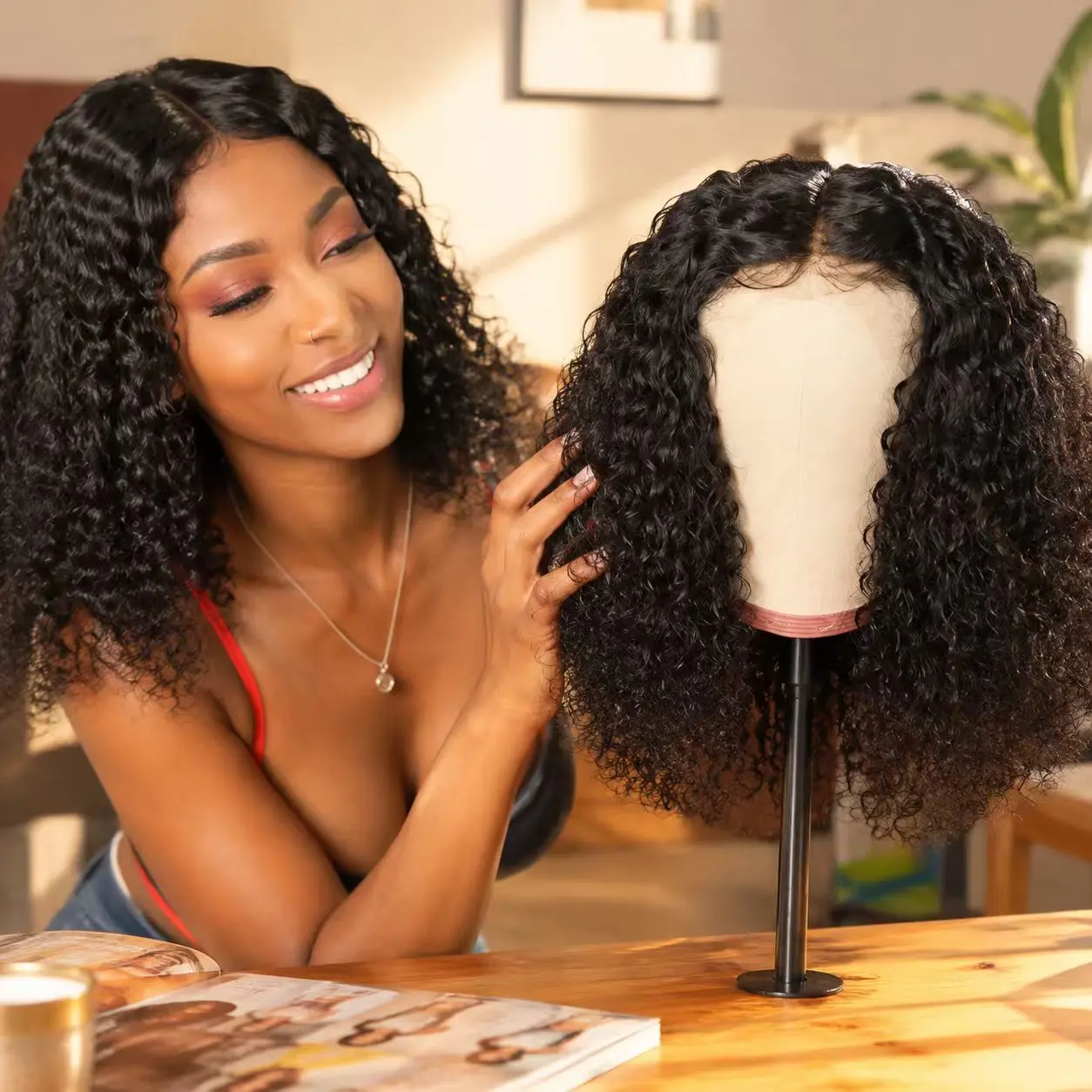 14-inch curly wig, heat-resistant rose net cap, natural, soft, and breathable material, heat-resistant synthetic fiber wig.