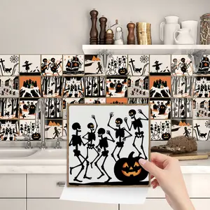 24 Pcs Classic Black And White Skeleton Halloween Decorative Wallpapers, Self-Adhesive Detachable Waterproof Vinyl Decorative Wallpaper, Available In Three Sizes: 3.94/5.91/7.87 Inches, Suitable For Wall Decoration In Rooms, Living Rooms, And Kitchens