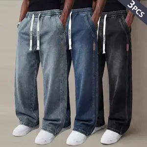 Men’s 3-Pack Jeans — Vintage washed straight cut, drawstring design for easy wear, versatile casual style; regular-season everyday loose-fit athletic pants