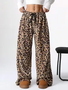 Women's Waist Tie Fluffy Leopard Print Drawstring Loose Pants