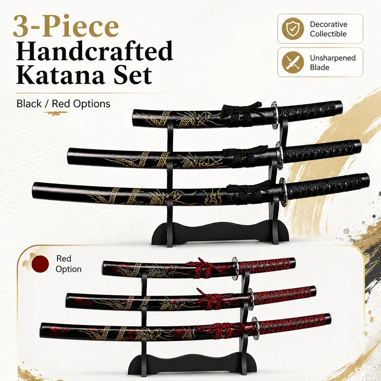 Adult Collectible 3-Piece Blunt-Edge Japanese Samurai Swords - Traditional Craftsmanship, Unique Design, Halloween Costume Accessory, Display/Decor Item, Unsharpened Blunt Swords