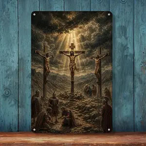 Jesus Christ Crucifixion Vintage Religious Metal Tin Sign, Antique Bible Scene Iron Wall Decor, Faith Cross Christian Wall Art For Church Home Bedroom Chapel Decoration, Custom Spiritual Gift