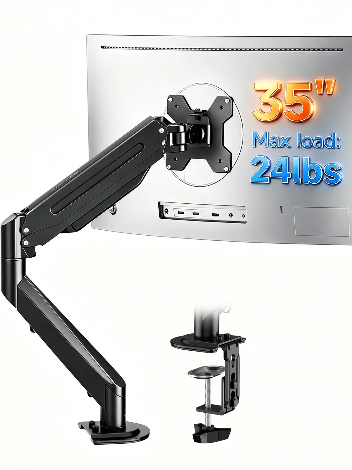 SUPTEK Single Mount Monitor Arm, Gas Spring Adjustable Computer Desk Mount with Swivel & C-Clamp, Heavy Duty Holder for 17-35 Inch Screens Up to 22 lbs, Ideal for Professional Workstation