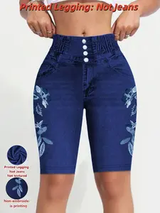 Women's Printed Leggings Non-Denim Fabric, Casual Fashion Tight Shorts, Elastic Fake Jeans Print, All-Season Comfort
