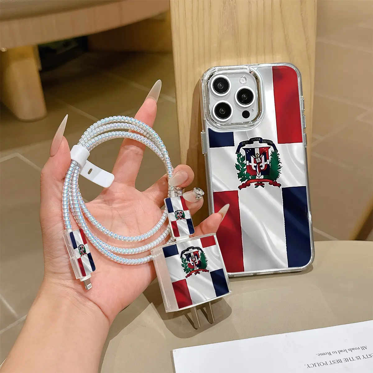6-Piece Set iPhone Case Metal Frame Transparent Dominican Flag Design, Charging Head Cover, Data Cable Protector, Storage Rope