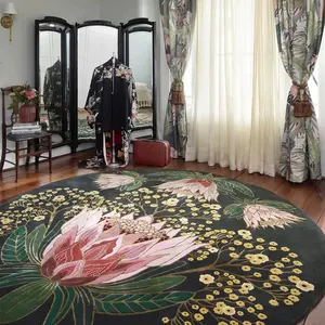 Bohemian Style Round Lotus Insect Floral Rug, Large Area Carpet for Living Room Bedroom, Foldable Washable Soft Plush Home Decor, Bohemian Style Rugs, Boho Floral Rug