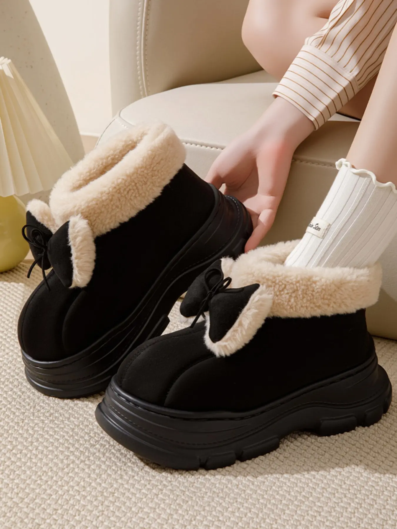 Women's Winter Cotton Suede Cute Slippers with Bow Design, Indoor Outdoor Warm Thick Sole Shoes, Fashionable Home Footwear for Cold Weather