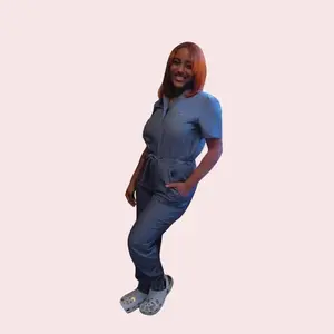 House of Scrubs Denim Gray Scrubs Romper Ribbed Bottom Fitted Short Sleeve Below the Ankle All Seasons Workwear Uniform for Women Essential Garment Hospital Style Suits Basic Hospital Style Minimalist