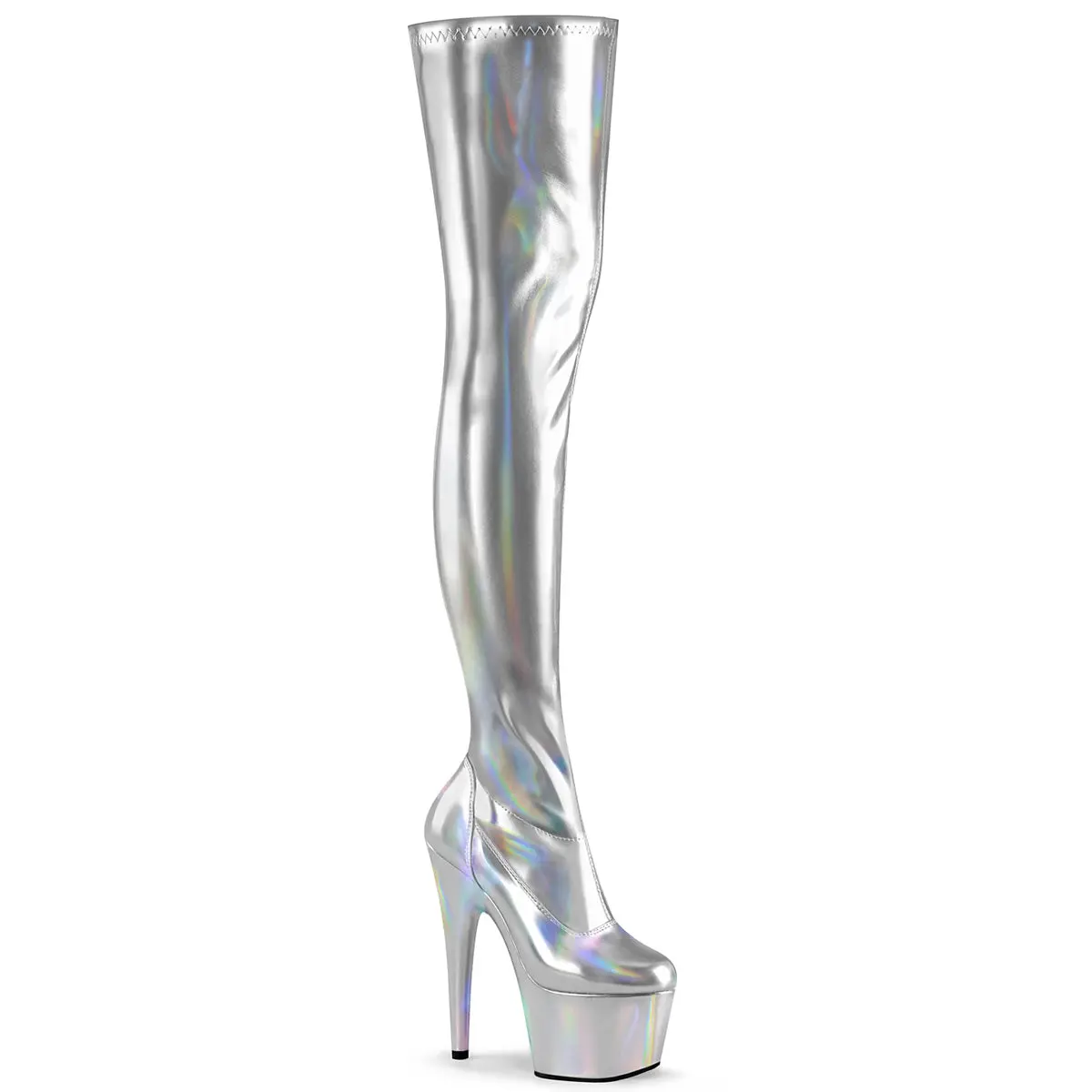Women's 7-in Block Heel Platform Boot - ADORE-3000HWR Silver Holographic Footwear with Zip Platforms, Synthetic, Thigh-High