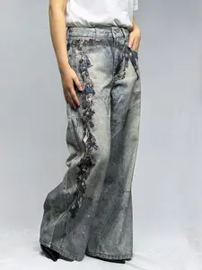 Lux Lee 3D Digital Print Baggy Wide Leg Jeans - All-Day Comfortable Streetwear, Vintage Washed Mottled Texture, High-Definition Non-Fading Graphics, Flattering Silhouette Hides Leg Flaws, Edgy Retro Street Style, jeans for women, catch print